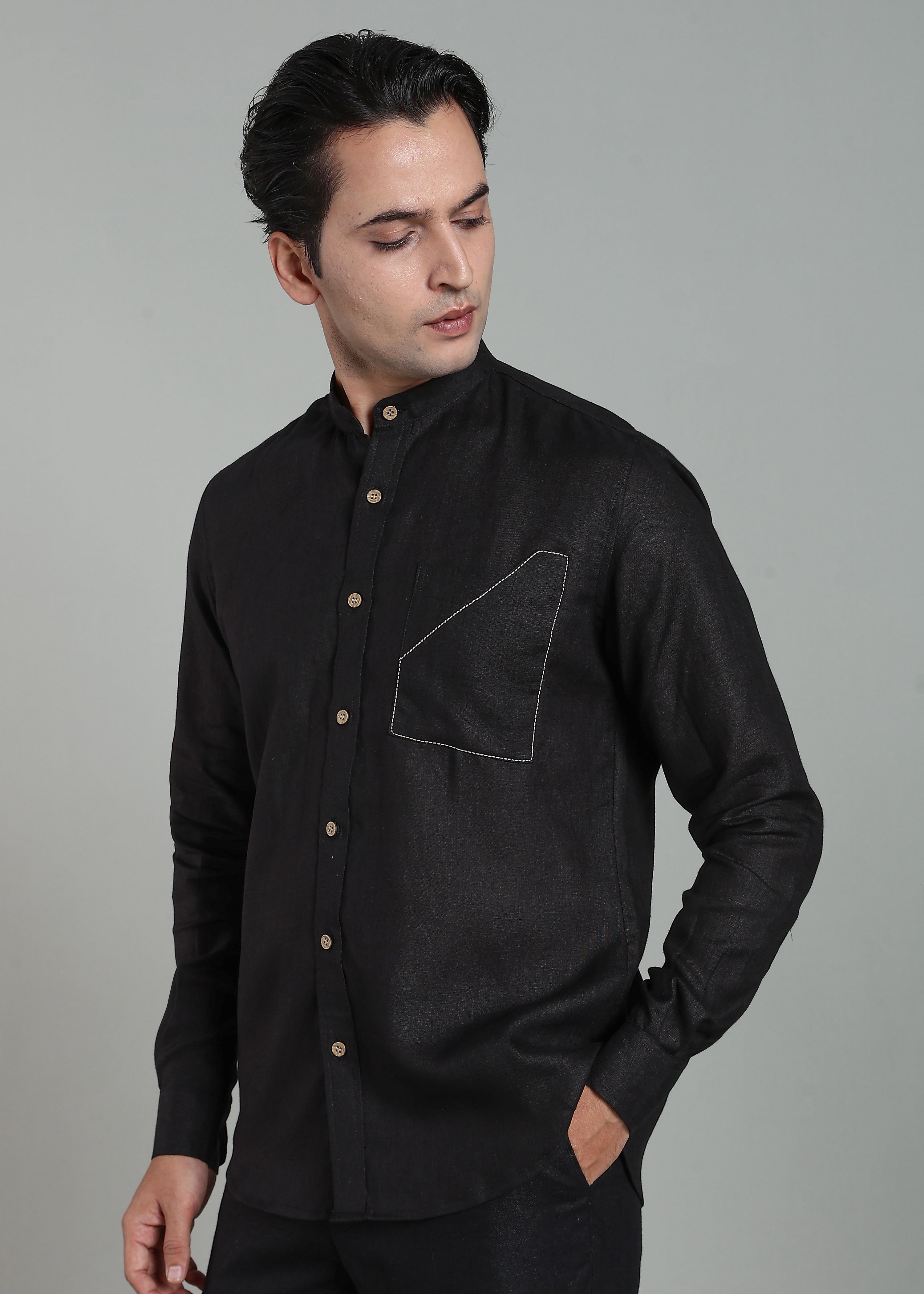 Black Pure Linen Full-Sleeve Shirt with Utilitarian Pocket Detail