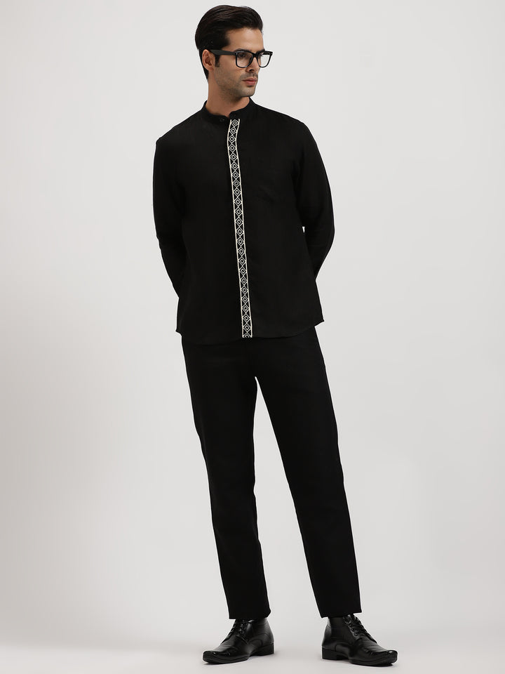 Thivican - Pure Linen Toda Hand-Embroidered Long Sleeve Shirt - Black