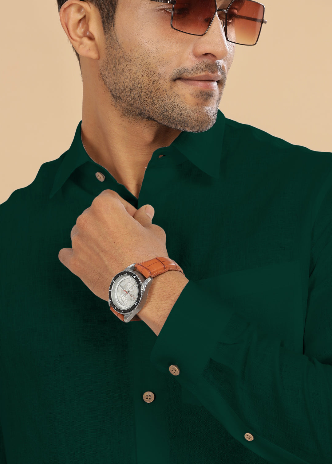 Ted - Pure Linen Full Sleeve Shirt - Dark Pine Green
