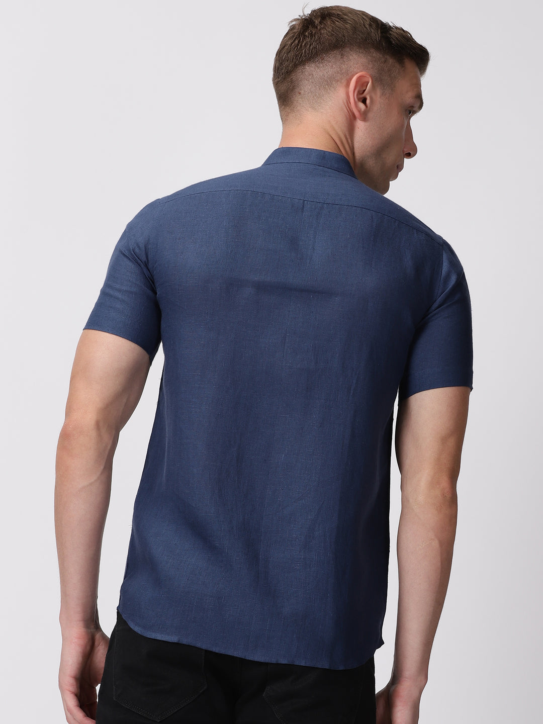 Ronan - Pure Linen Mandarin Collar Half Sleeve Shirt - Denim Blue