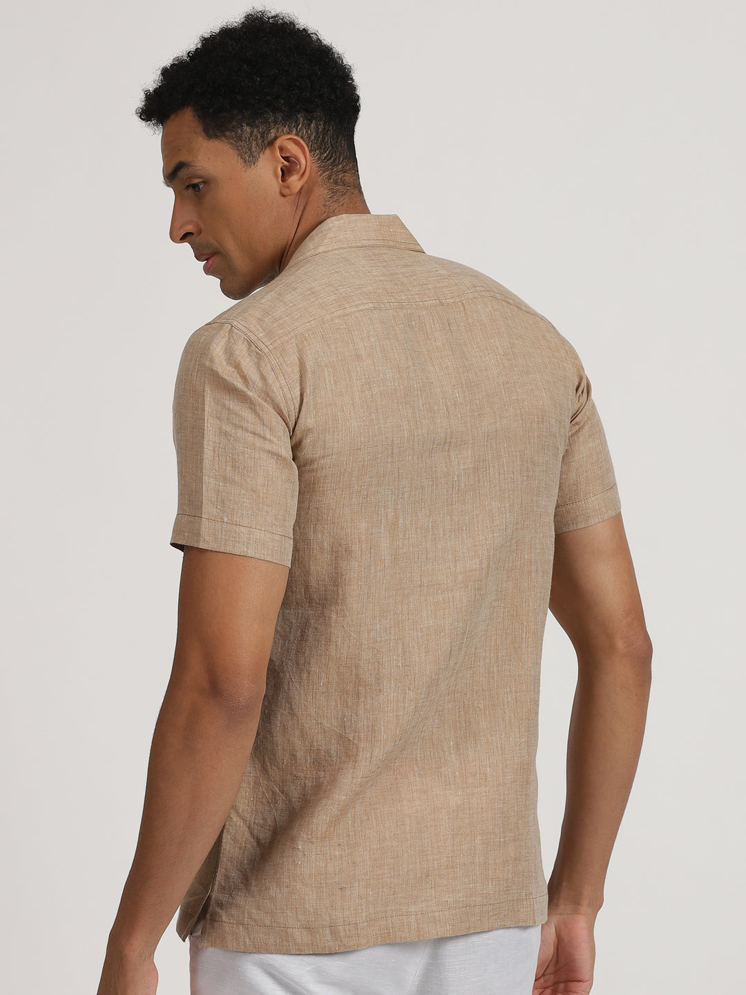 Earl - Pure Linen Half Sleeve Shirt With Stitch Details - Mocha