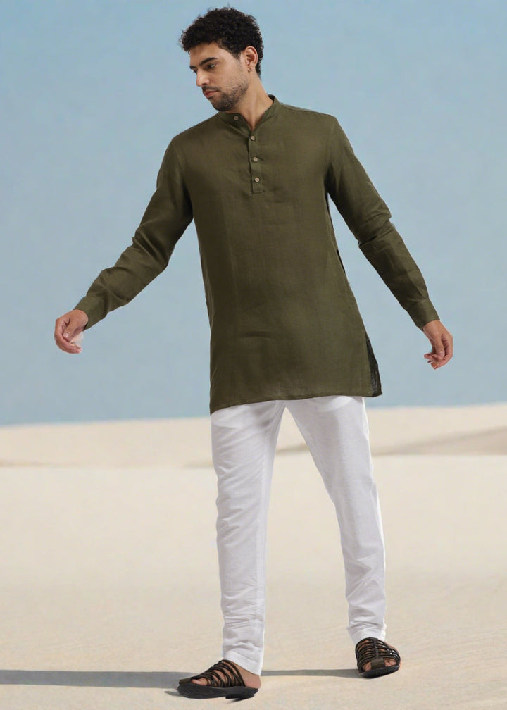 Kurta Sets - Parker Pure Linen Short Kurta | Moss Green
