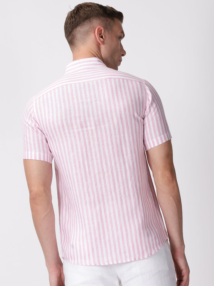 Arthur - Pure Linen Short Sleeve Shirt - Candy Pink Stripes | Rescue