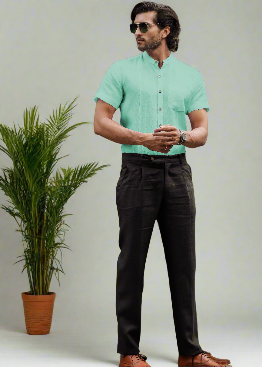 Trevor - Pure Linen Mandarin Collar Half Sleeve Shirt - Glacier Green