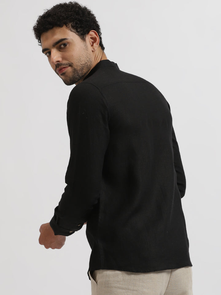 Rickson - Pure Linen Pleat Detailed Full Sleeve Shirt - Black