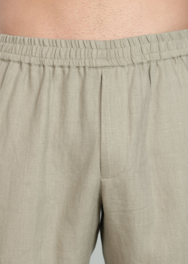 Ivo -  Pure Linen Casual Relaxed Elastic Pants - Artichoke Green