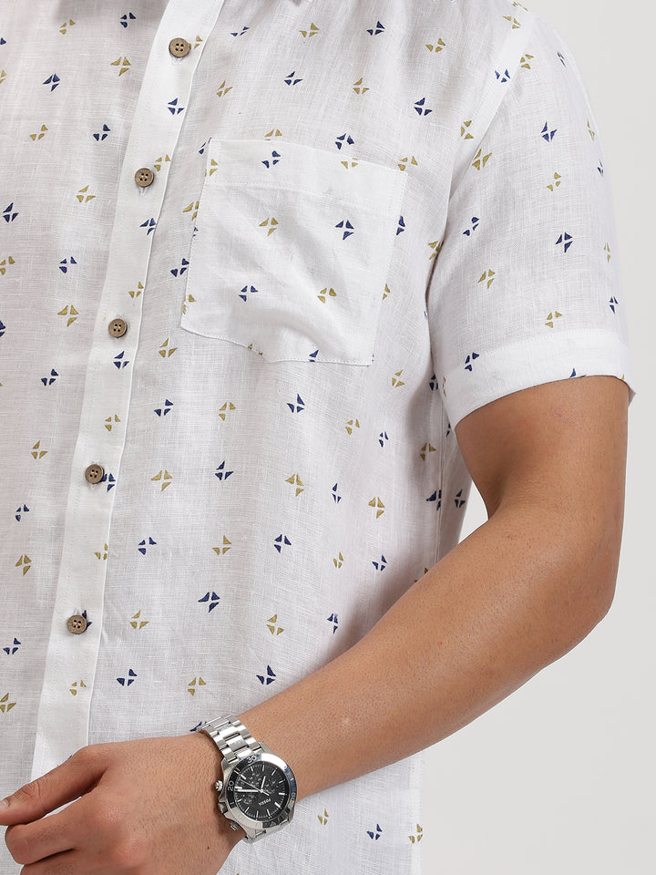 Elies - Pure Linen Block Printed Half Sleeve Shirt - Navy & Mustard