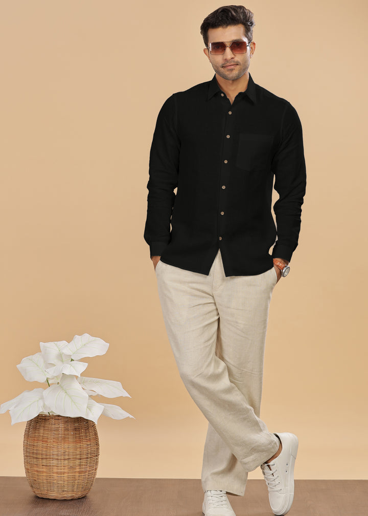 Ted - Pure Linen Full Sleeve Shirt - Black