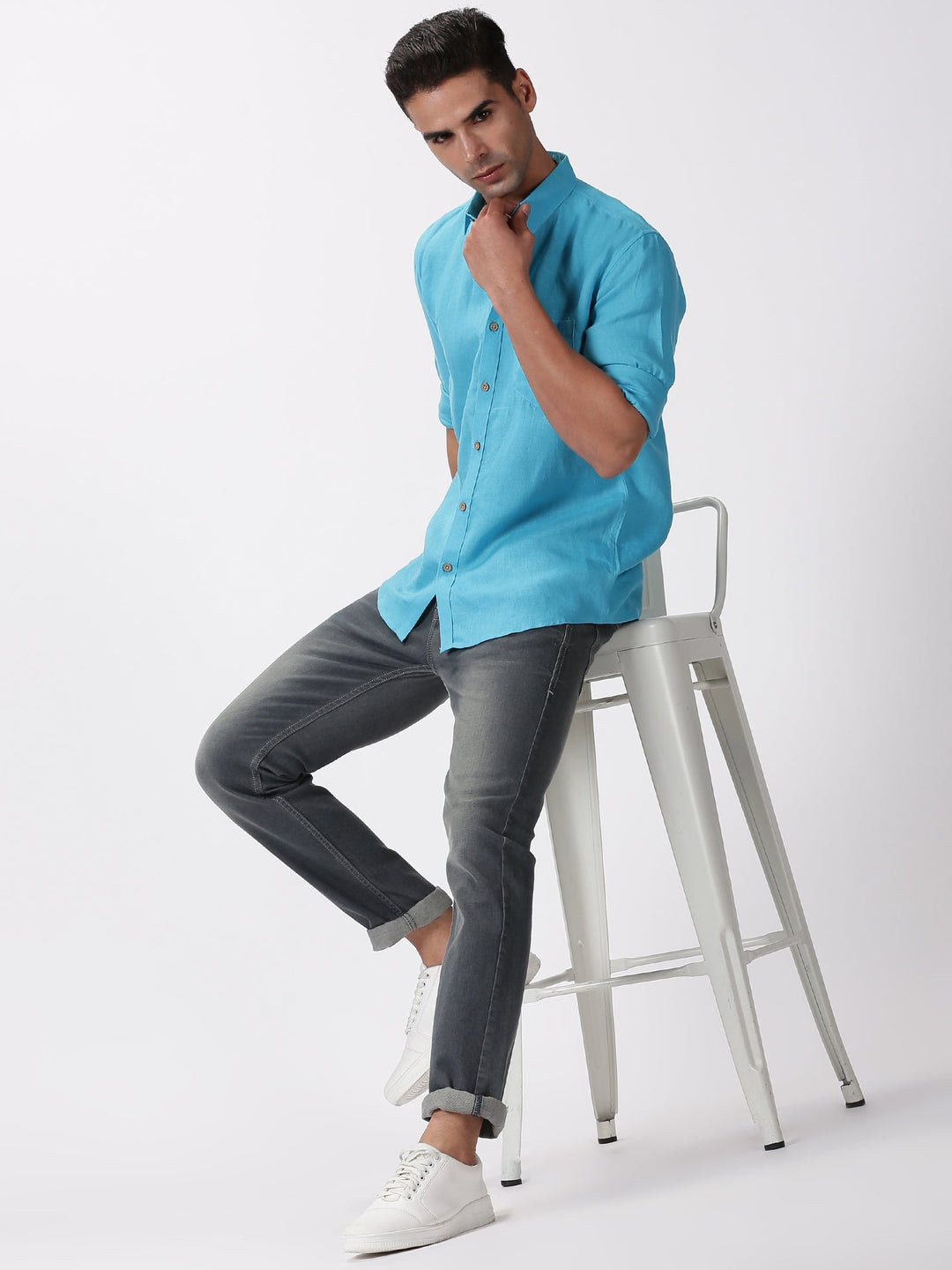 Kian - Pure Linen Regular Collar Full Sleeve Shirt - Aqua Blue | Rescue