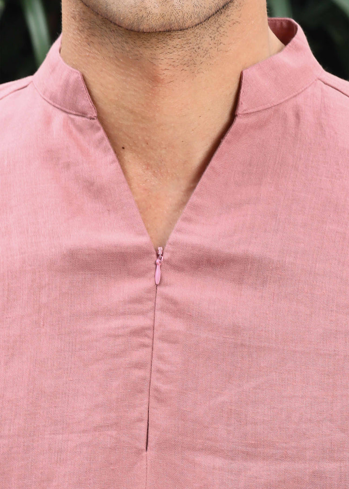 Arnav - Full Sleeve Broad-Notched Collar Pure Linen Short Kurta - Dusty Pink