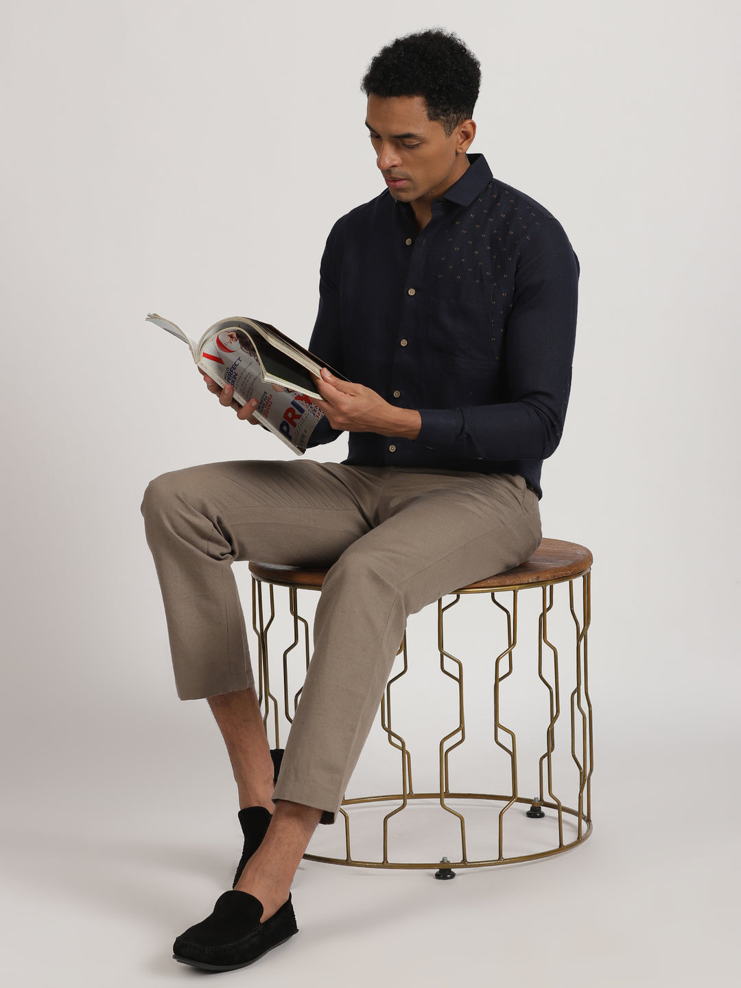 Ryker - Pure Linen Block Printed Dobby Full Sleeve Shirt - Dark Blue