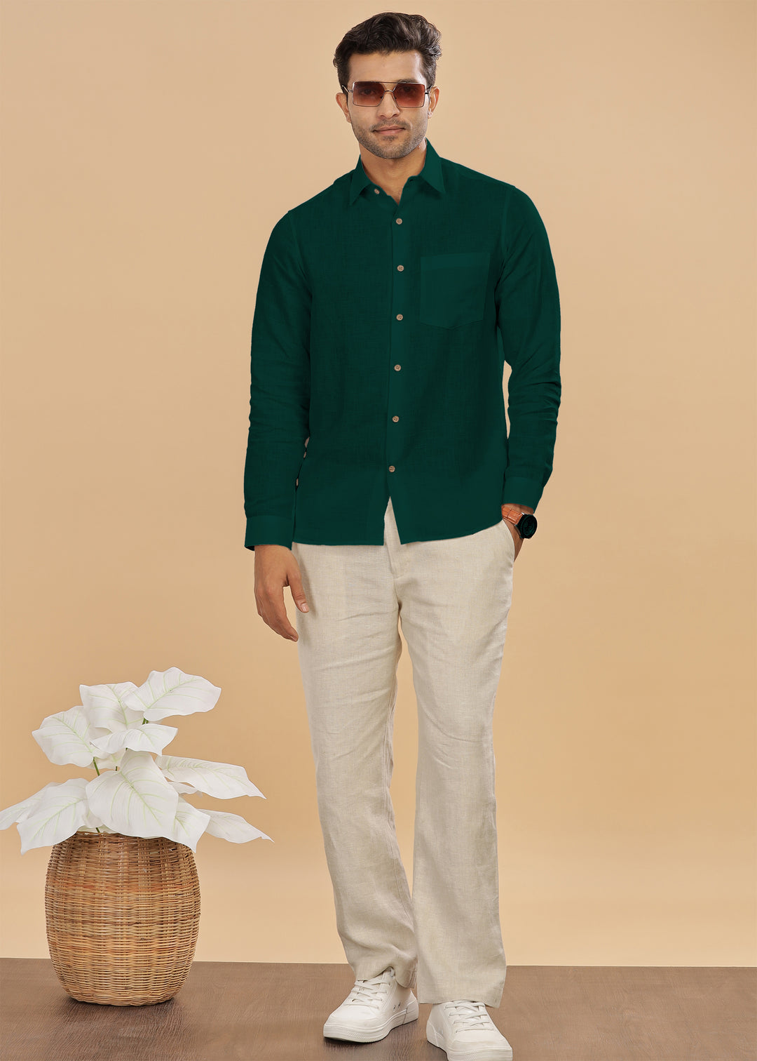 Ted - Pure Linen Full Sleeve Shirt - Dark Pine Green