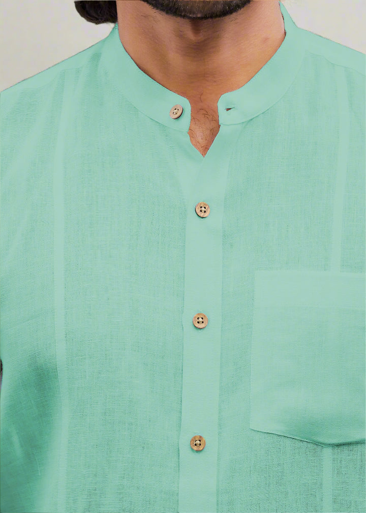 Trevor - Pure Linen Mandarin Collar Half Sleeve Shirt - Glacier Green
