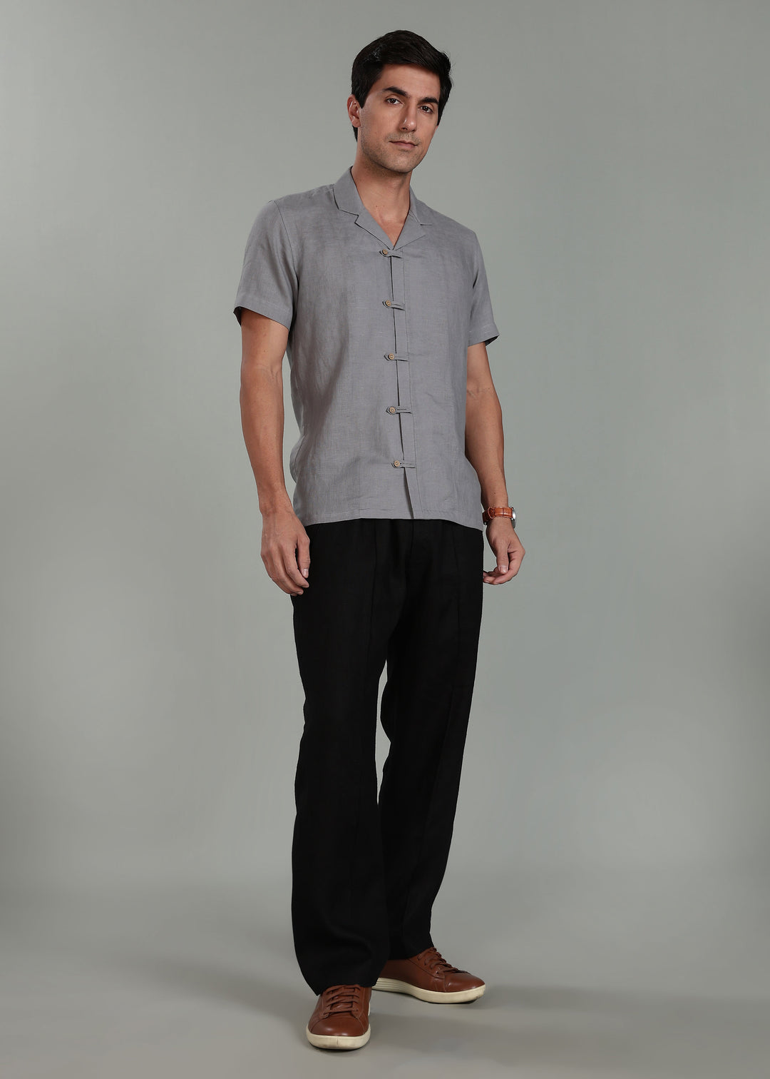 Troy Shirt - Pure Linen Shirt with Cuban Collar and Loop Buttons - Slate Grey
