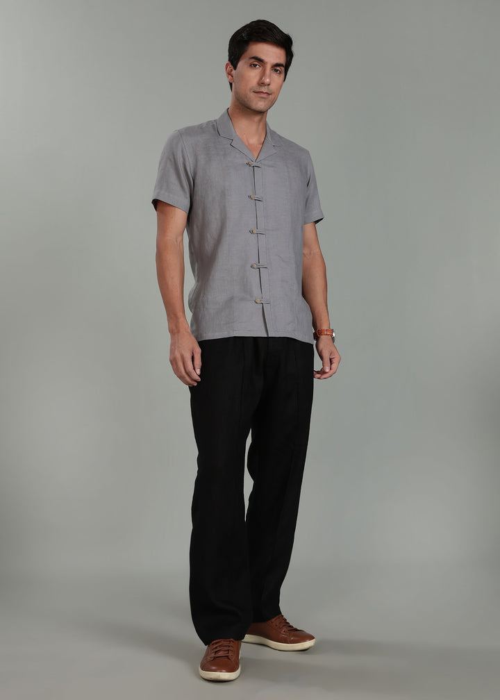 Troy Shirt - Pure Linen Shirt with Cuban Collar and Loop Buttons - Slate Grey