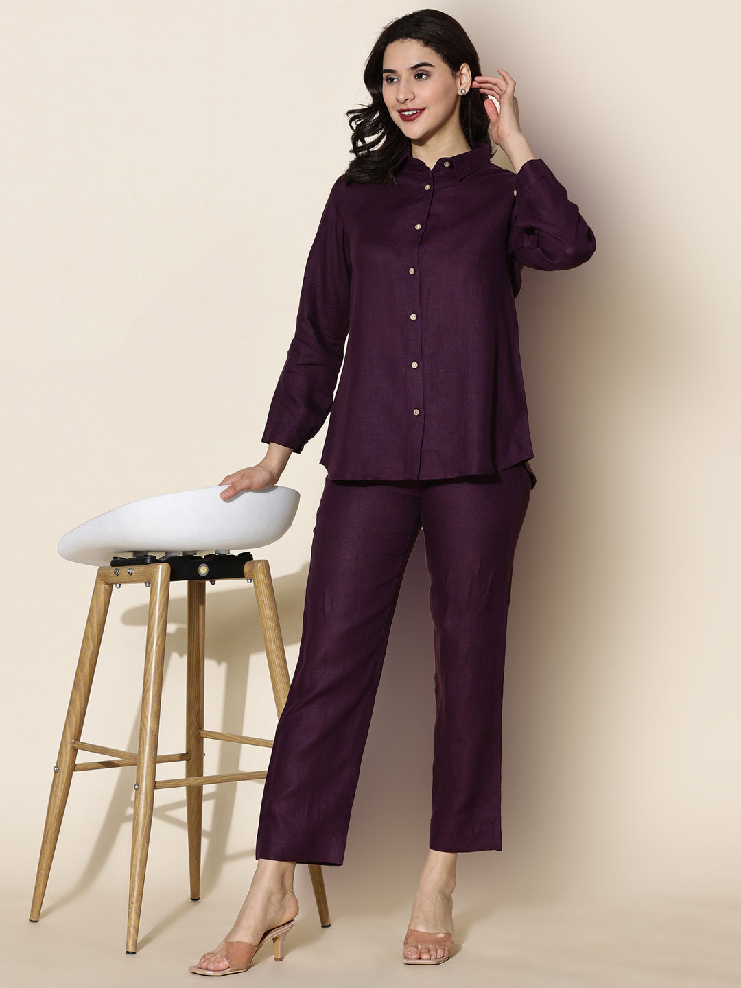 Ivy - Pure Linen Full Sleeve Co-ord Set - Dark Purple