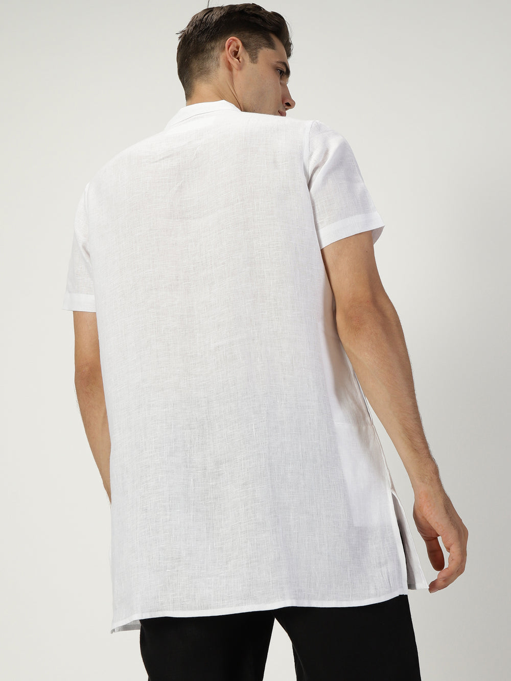 Ashok - Half Sleeve Mandarin Collar Pure Linen Short Kurta - White