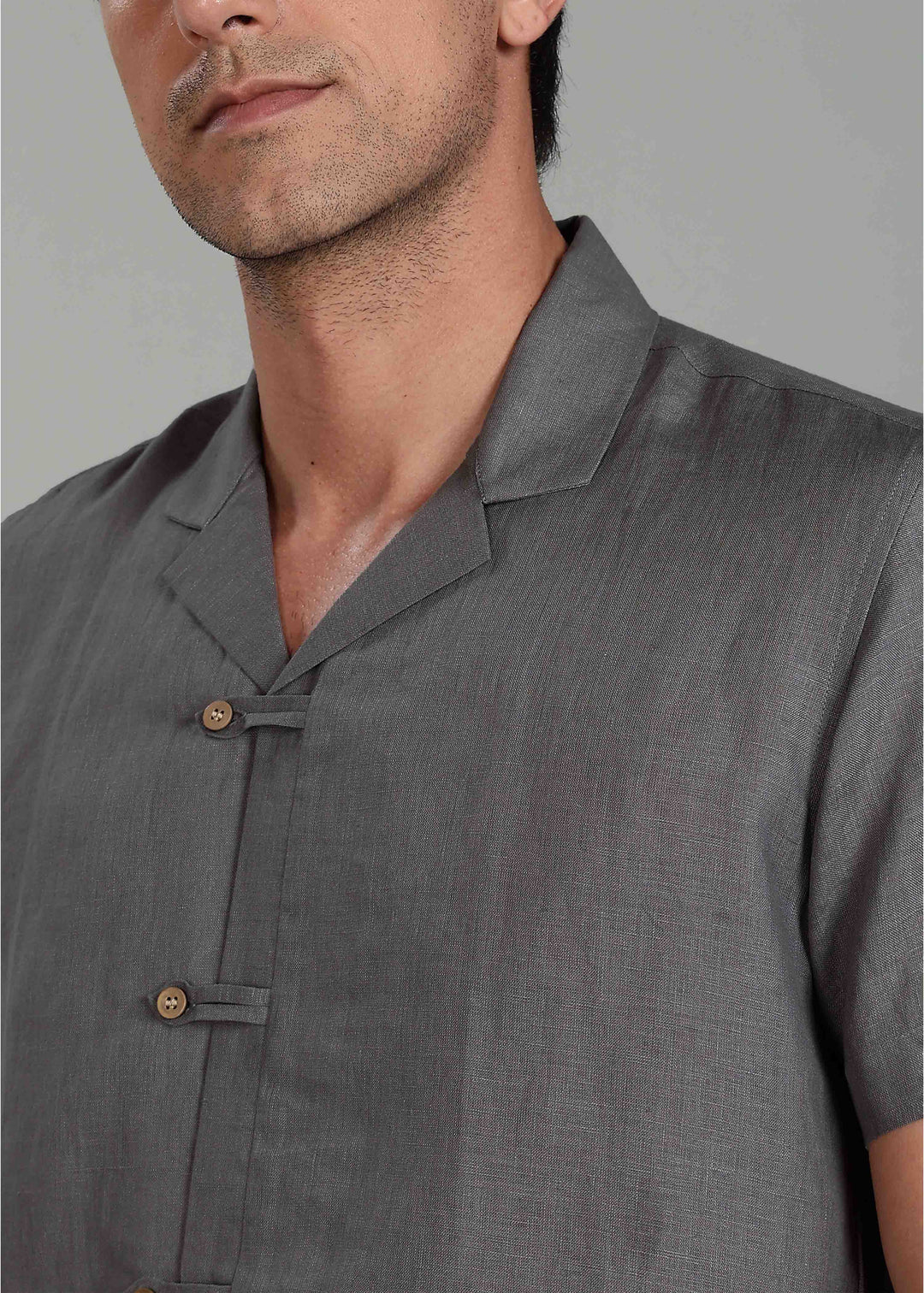 Troy Shirt - Pure Linen Shirt with Cuban Collar and Loop Buttons - Charcoal Grey