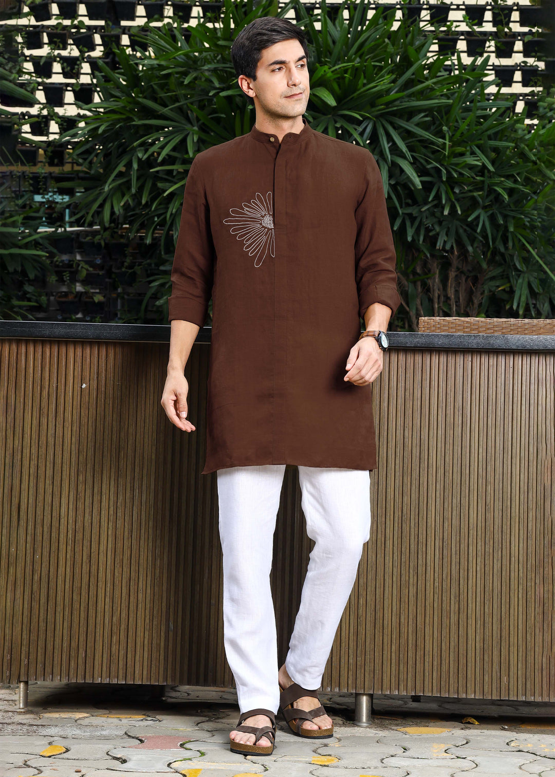 Yash Kurta - Pure Linen Kurta with Floral Embroidery | Coffee Brown