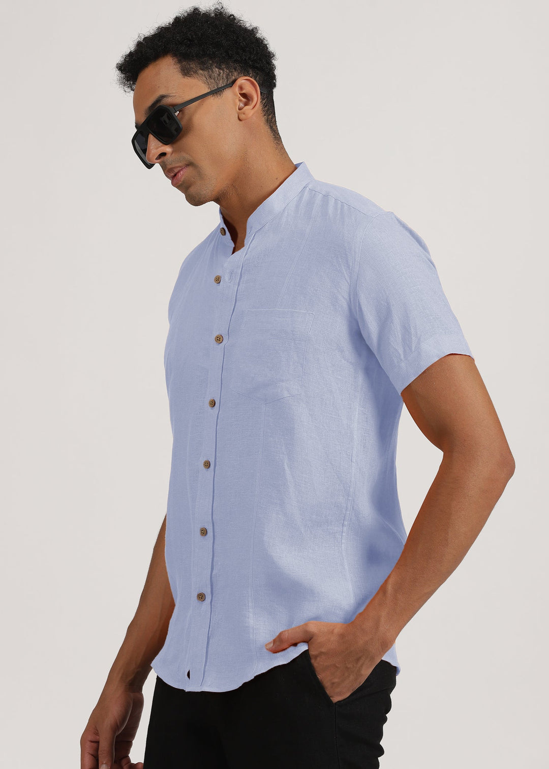 Trevor - Pure Linen Mandarin Collar Half Sleeve Shirt - Periwinkle Blue