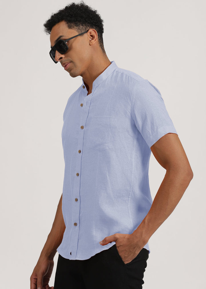 Trevor - Pure Linen Mandarin Collar Half Sleeve Shirt - Periwinkle Blue