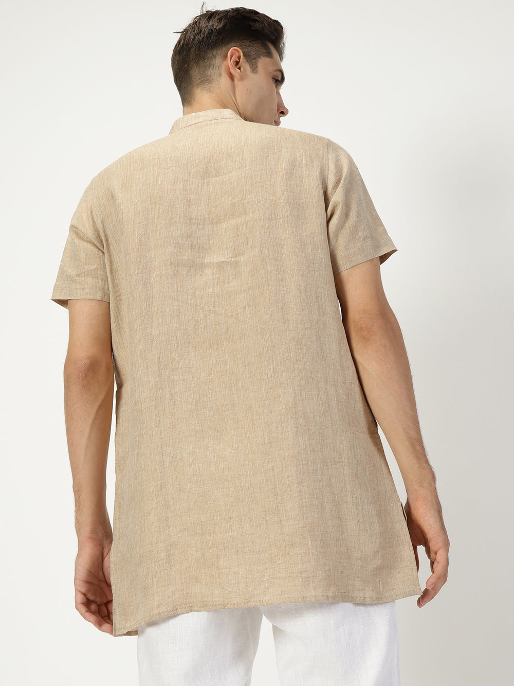 Ashok - Half Sleeve Mandarin Collar Pure Linen Short Kurta - Mocha