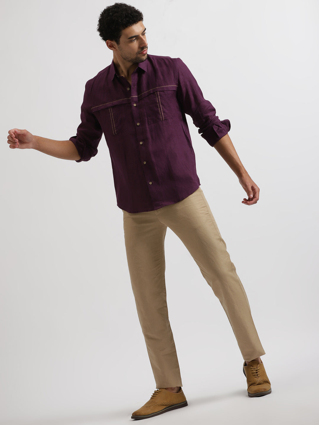 Xander - Pure Linen Double Pocket Embroidered Full Sleeve Shirt - Dark Purple