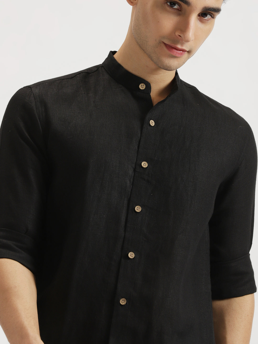 Ronan - Pure Linen Mandarin Collar Full Sleeve Shirt - Black