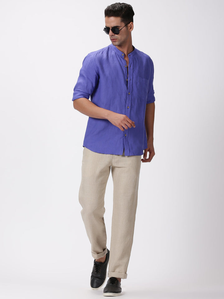 Enzo - Pure Linen Mandarin Collar Full Sleeve Shirt - Iris Purple | Rescue