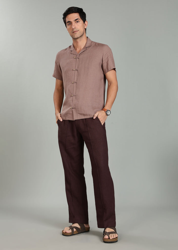 Troy Shirt - Pure Linen Shirt with Cuban Collar and Loop Buttons - Toasted Brown
