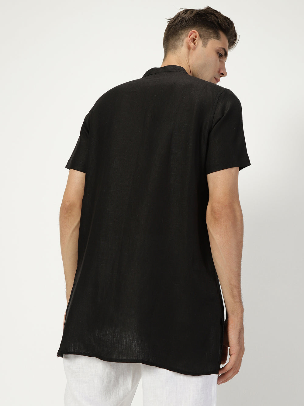 Ashok - Half Sleeve Mandarin Collar Pure Linen Short Kurta - Black