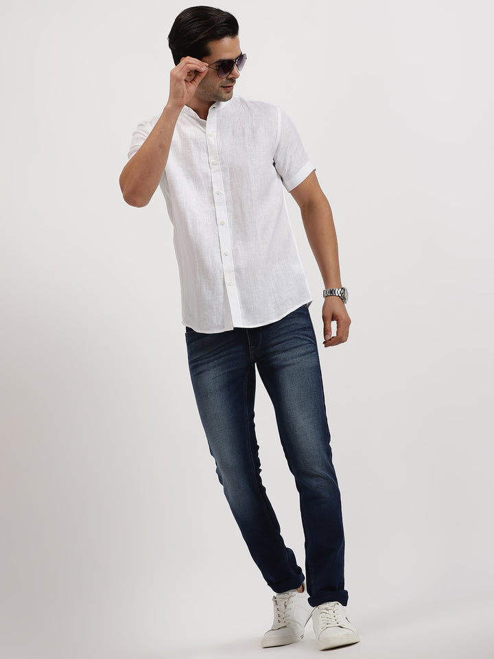 Ronan - Pure Linen Mandarin Collar Half Sleeve Shirt - White