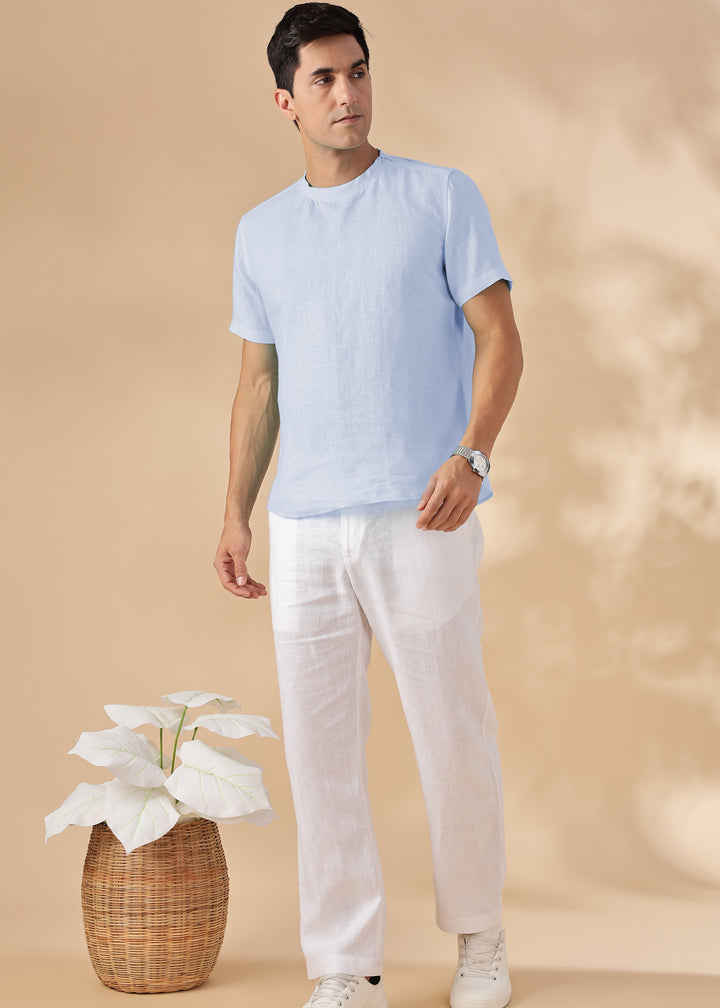 Morgan - Pure Linen Short Sleeve T-Shirt - Periwinkle Blue