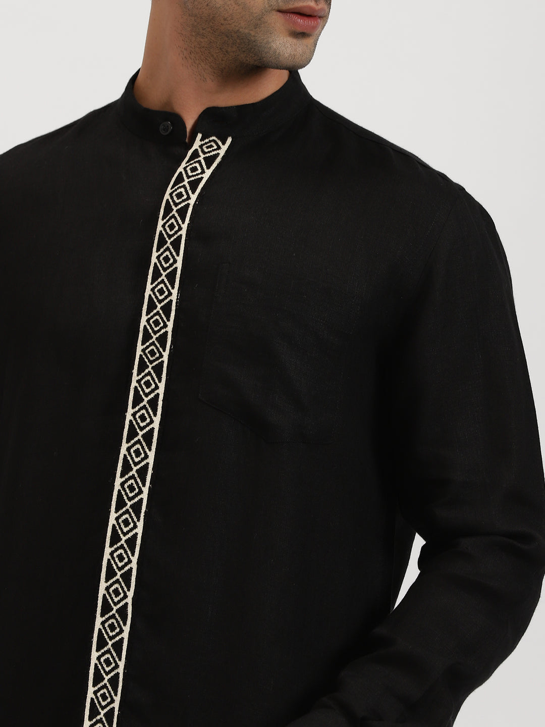 Thivican - Pure Linen Toda Hand-Embroidered Long Sleeve Shirt - Black