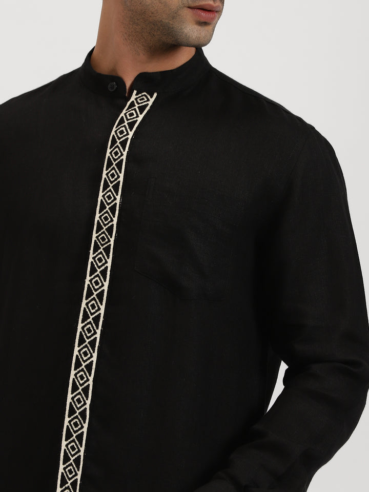 Thivican - Pure Linen Toda Hand-Embroidered Long Sleeve Shirt - Black
