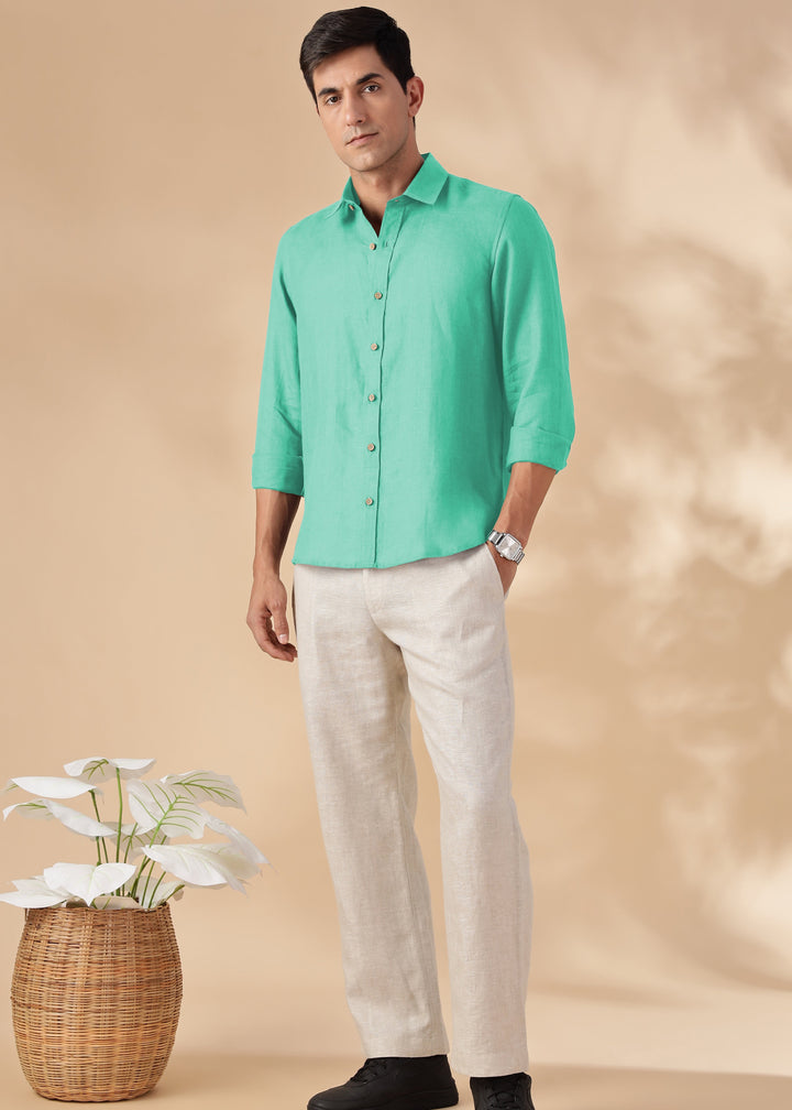 Ron - Pure Linen Full Sleeve Shirt - Spearmint Green