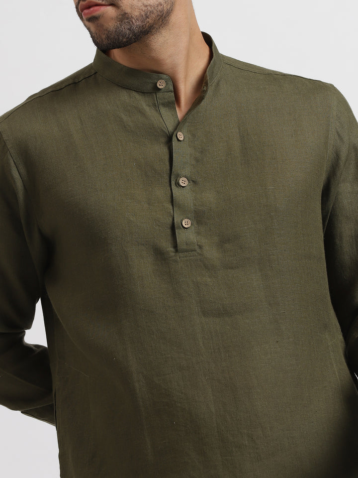 Parker - Full Sleeve Mandarin Collar Pure Linen Short Kurta - Moss Green