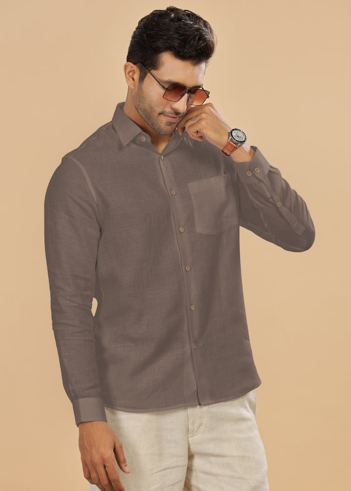 Ted - Pure Linen Full Sleeve Shirt - Toasted Brown