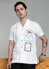 Serq - Pure Linen Half Sleeve Cuban Collar Shirt with Egypt Inspired Embroidery - White