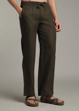 Art Pants - Pure Linen Elastic Casual Pants with Drawstrings - Camo Green