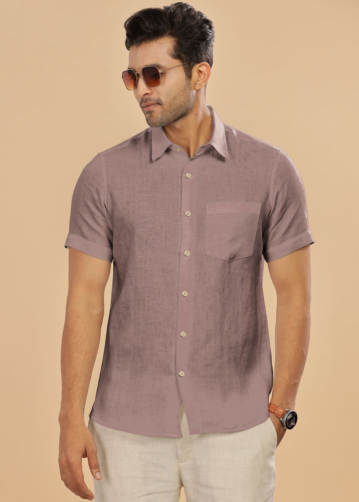 Ted - Pure Linen Half Sleeve Shirt - Toasted Brown