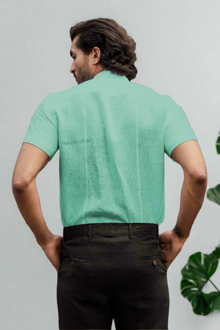 Trevor - Pure Linen Mandarin Collar Half Sleeve Shirt - Glacier Green