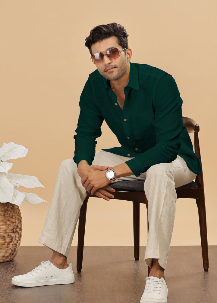 Ted - Pure Linen Full Sleeve Shirt - Dark Pine Green