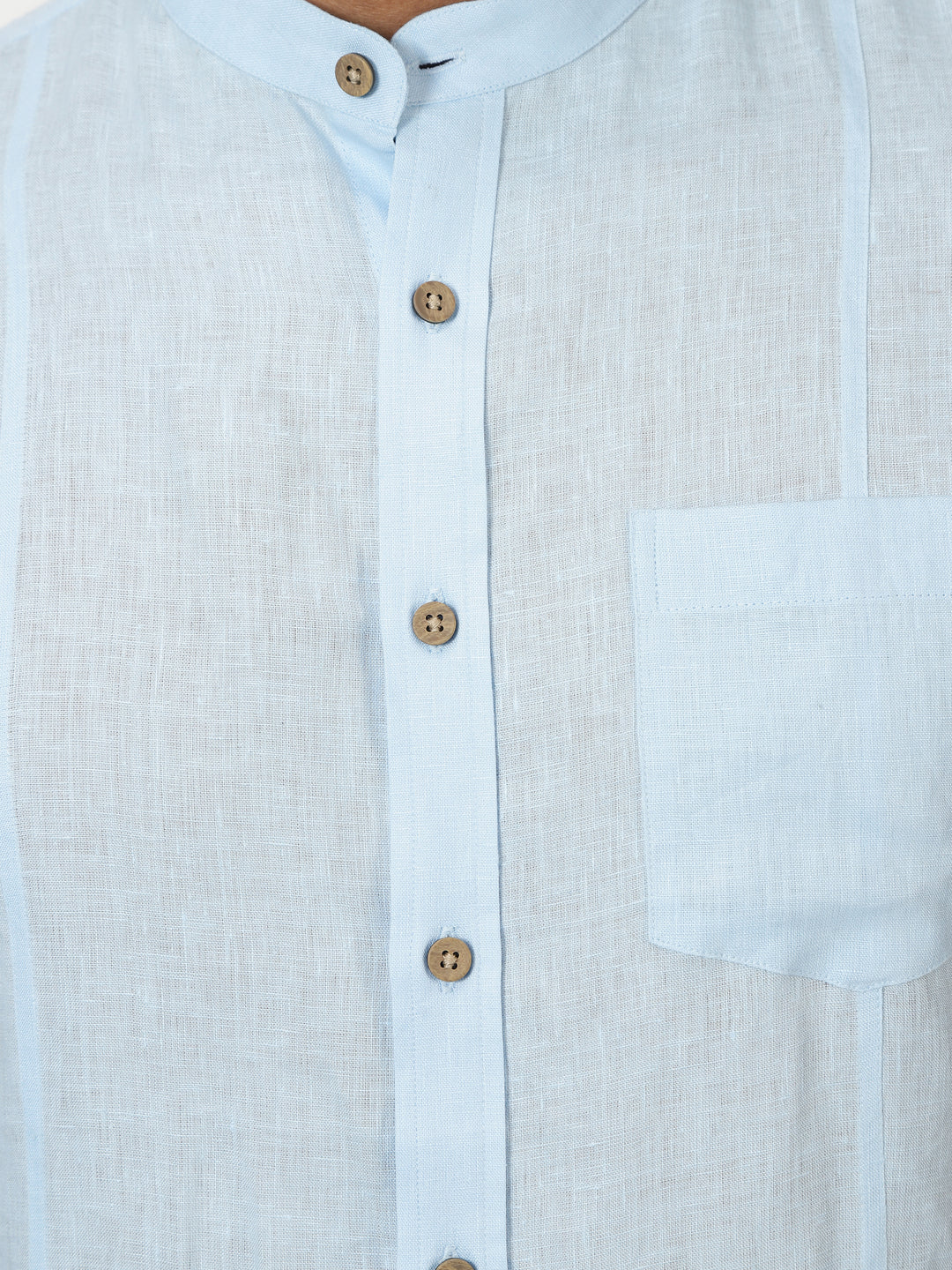 Trevor - Pure Linen Mandarin Collar Half Sleeve Shirt - Sky Blue
