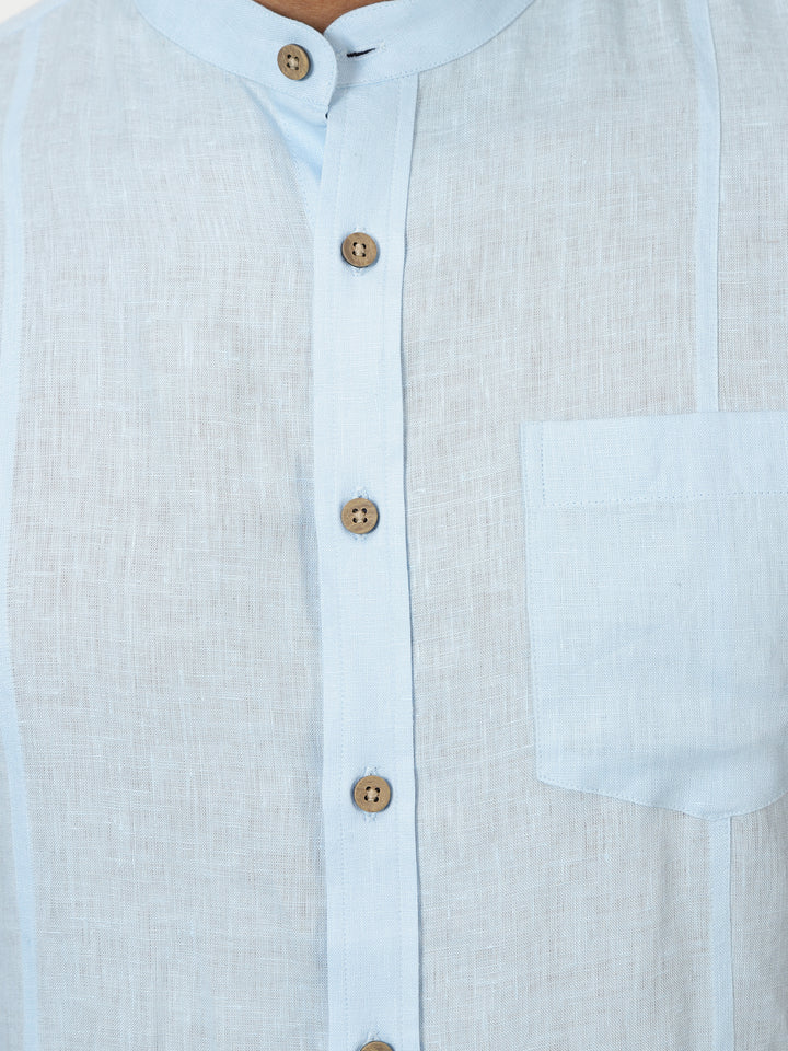 Trevor - Pure Linen Mandarin Collar Half Sleeve Shirt - Sky Blue