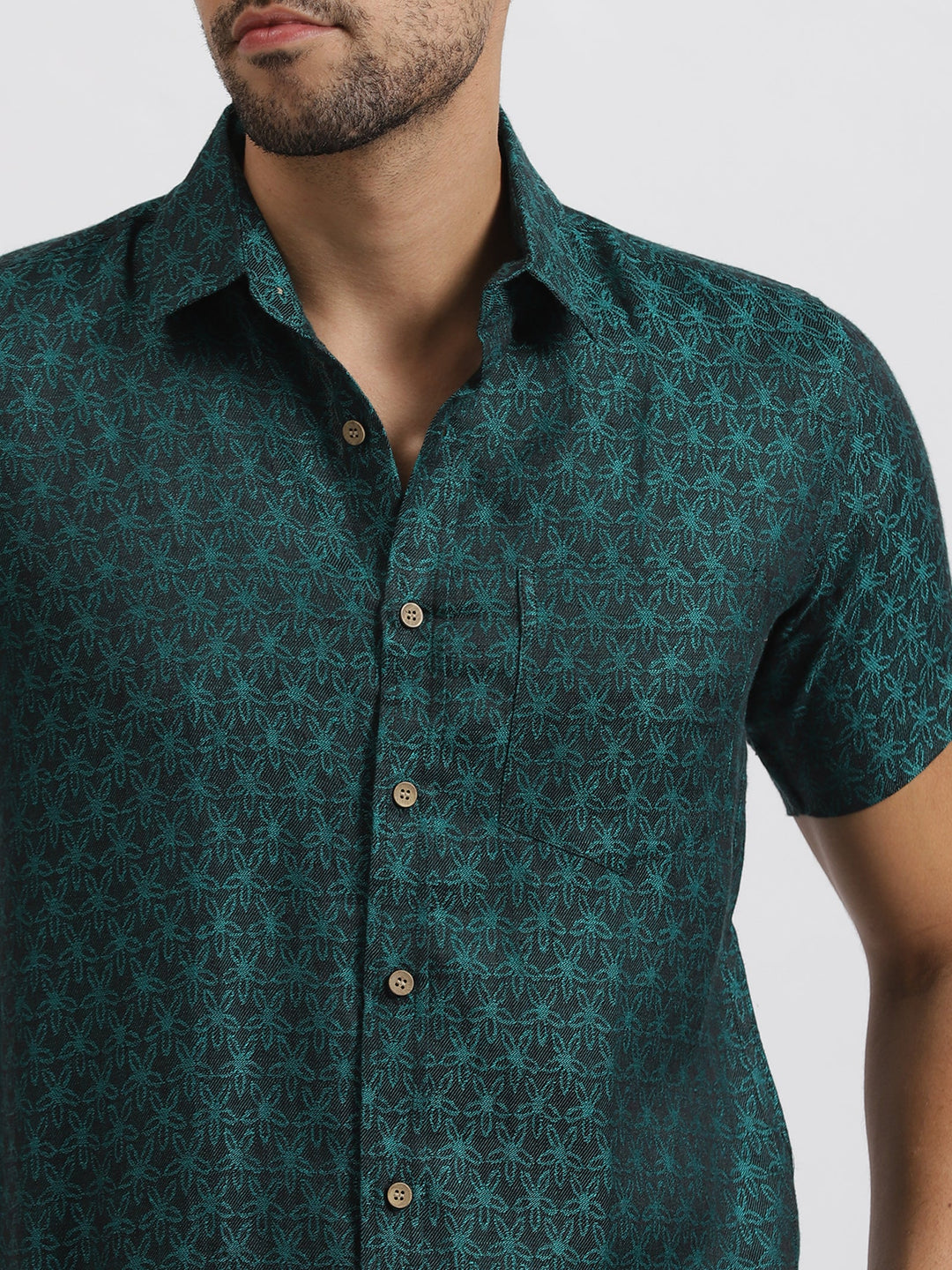 Abel - Pure Linen Floral Jacquard Half Sleeve Shirt - Peacock Green | Rescue