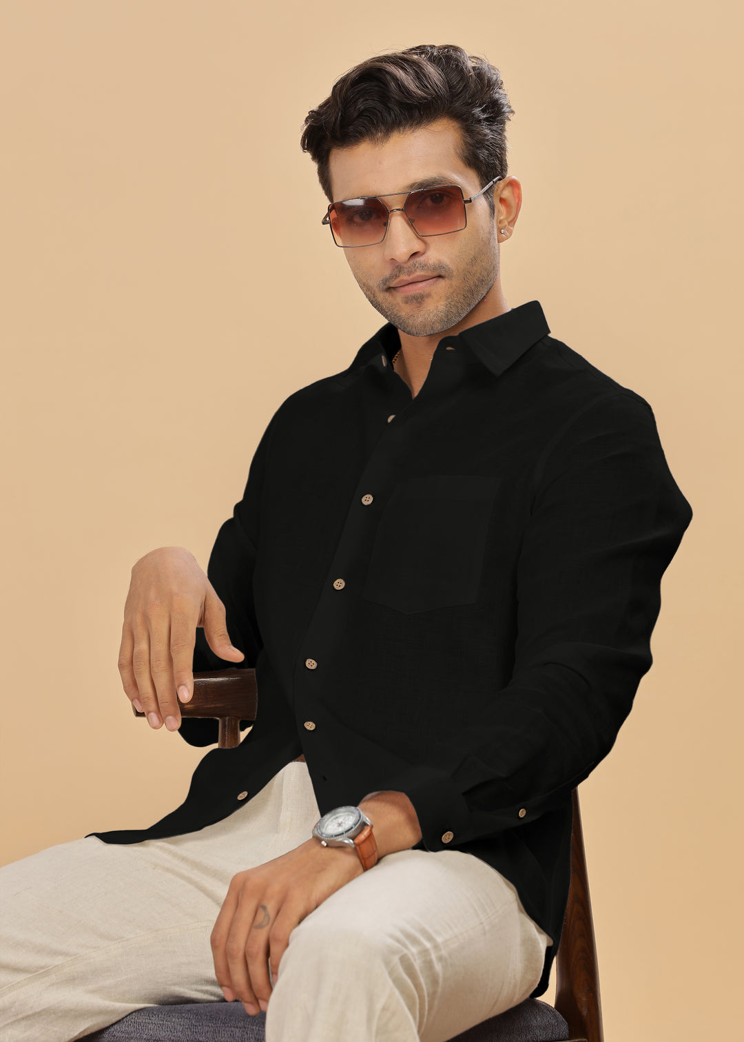 Ted - Pure Linen Full Sleeve Shirt - Black