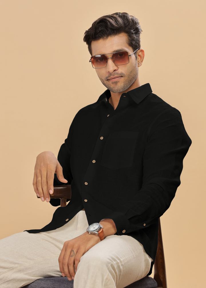 Ted - Pure Linen Full Sleeve Shirt - Black