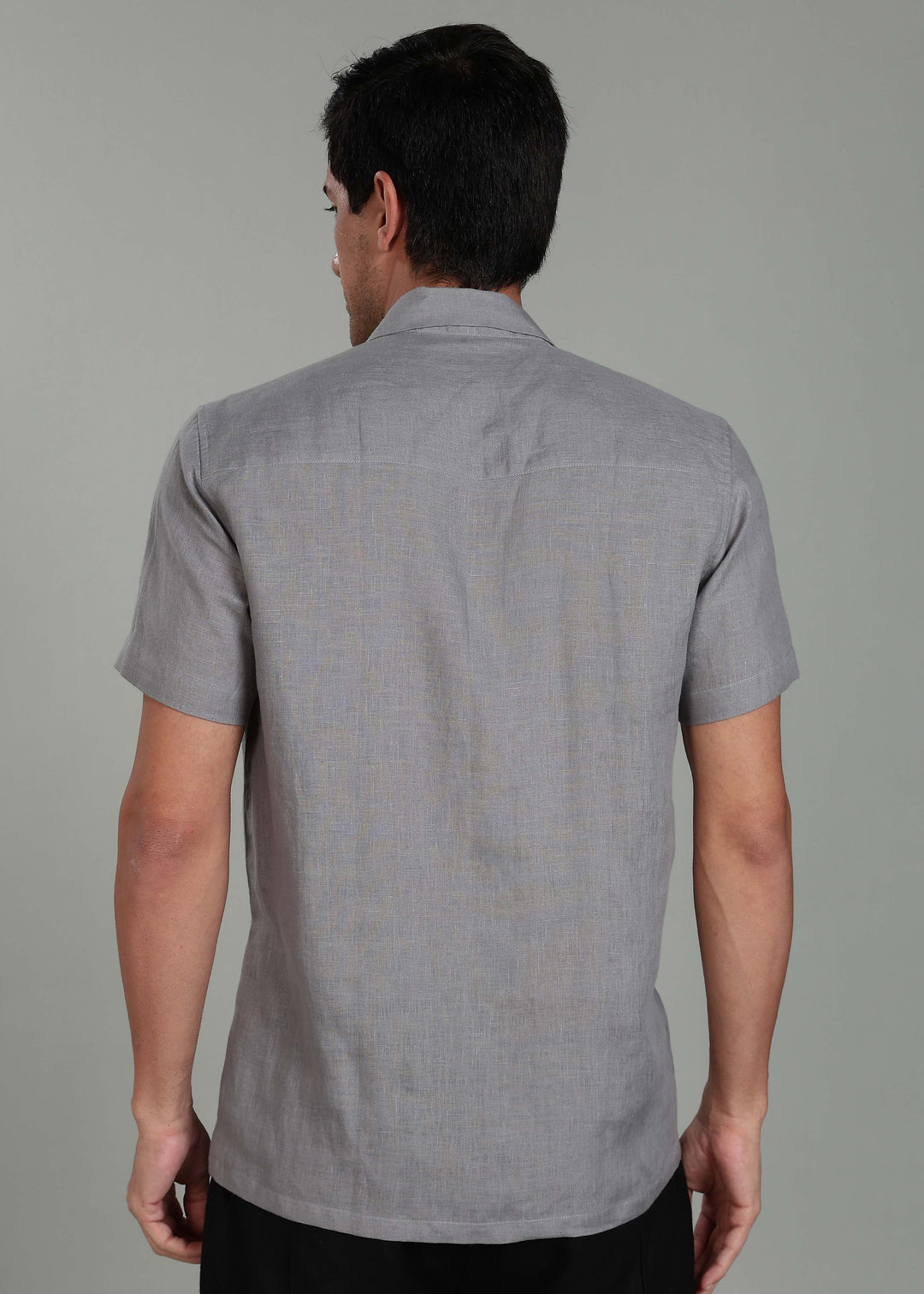 Troy Shirt - Pure Linen Shirt with Cuban Collar and Loop Buttons - Slate Grey