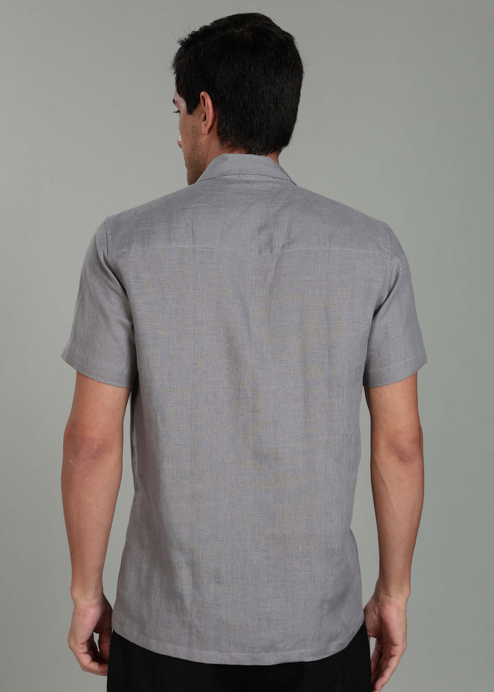 Troy Shirt - Pure Linen Shirt with Cuban Collar and Loop Buttons - Slate Grey